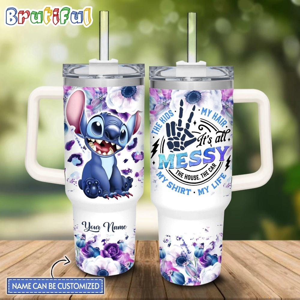 Custom Name Stitch Girl Its All Messy30oz or 40 oz Tumbler HG 40oz, Disney Stitch Tumbler