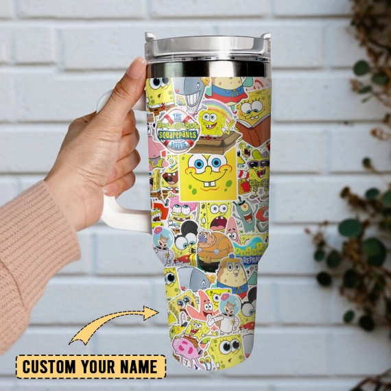 The SpongeBob SquarePants Cartoon Custom  Quencher 30oz or 40oz Stainless Steel Tumbler With Handle,  Best gifts for Friend Family NVA