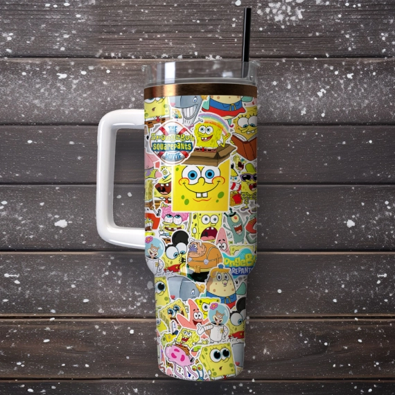 The SpongeBob SquarePants Cartoon Custom  Quencher 30oz or 40oz Stainless Steel Tumbler With Handle,  Best gifts for Friend Family NVA