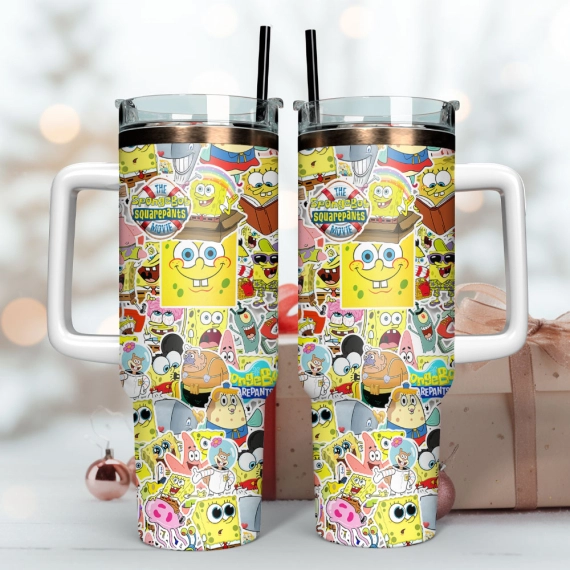 The SpongeBob SquarePants Cartoon Custom  Quencher 30oz or 40oz Stainless Steel Tumbler With Handle,  Best gifts for Friend Family NVA