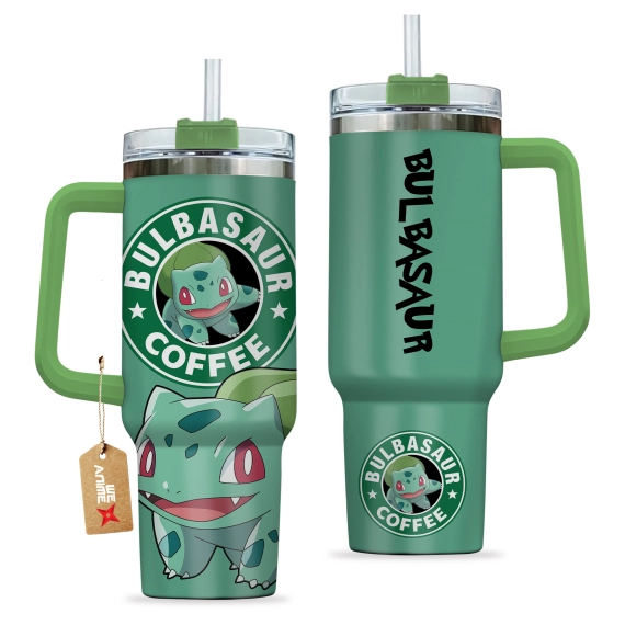 Bulbasaur Coffee Pokemon Anime Custom 30oz or 40oz Quencher Stainless Steel Tumbler With Handle, Best Gift Idea NVA