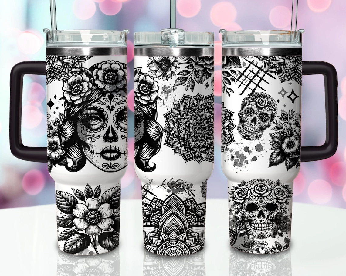 Sugarskull Black And White 30oz or 40oz Quencher Tumbler Gift For Her Him Birthday Gift LN