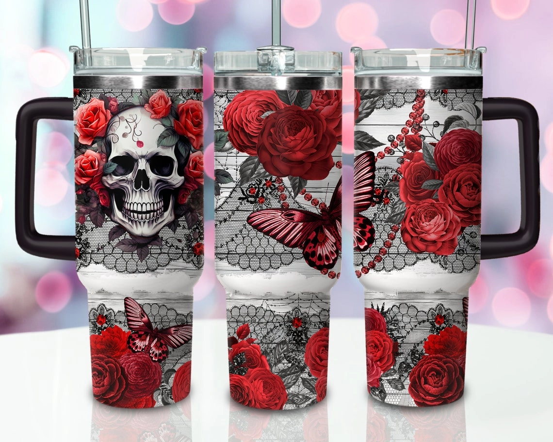 Rose Gothic Skull 30oz or 40oz Tumbler Butterfly Tumbler Quencher Tumbler Gift For Her Him Birthday Gift LN Floral Tumbler With Handle