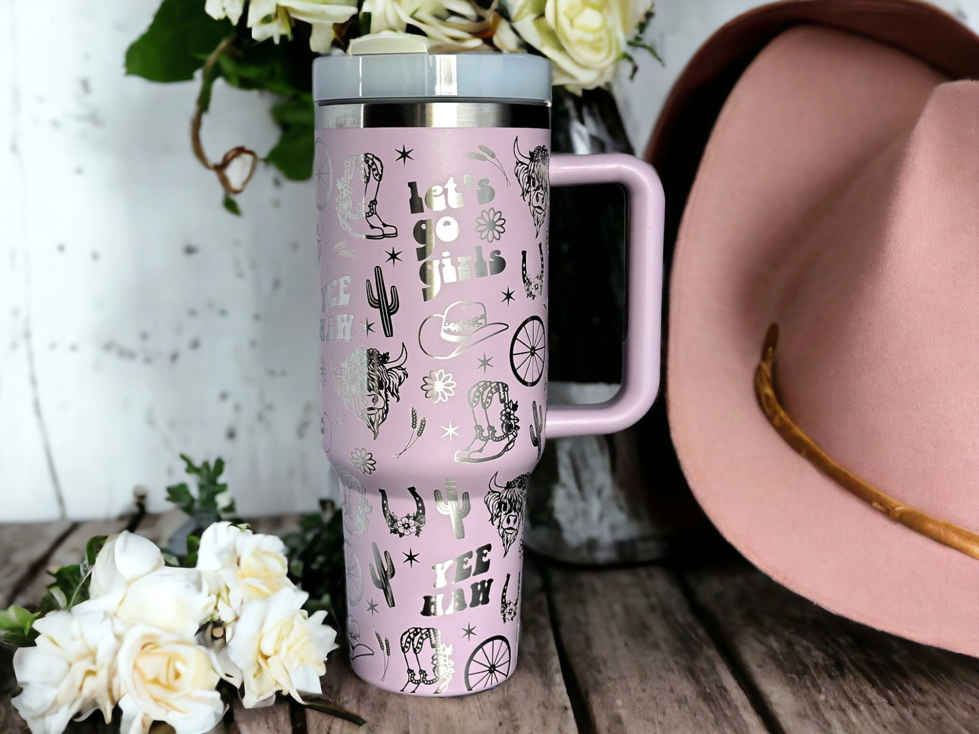 Cowgirl Yeehaw Western Highland Cow Laser Engraved 30oz or 40oz Tumbler with Handle, Birthday Anniversary Tumbler Gift HFN