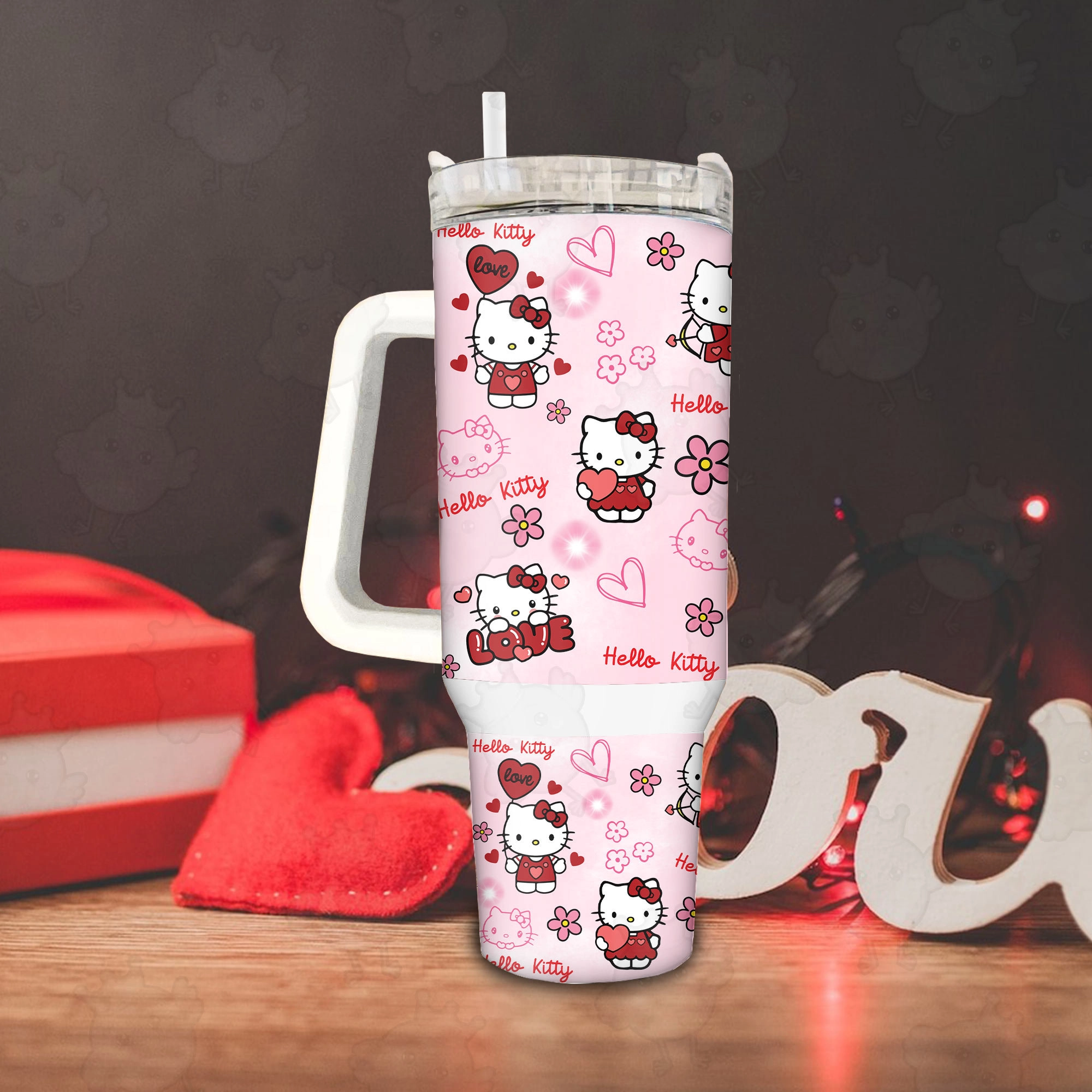 Mini Cute Hello Kitty Pink Cat Tumbler 30 or 40 oz Valentine Movies Fan Gift, Pink Valentine 40oz Quencher Tumbler, Valentine Cartoon 40oz Tumbler Fan Gift HFN