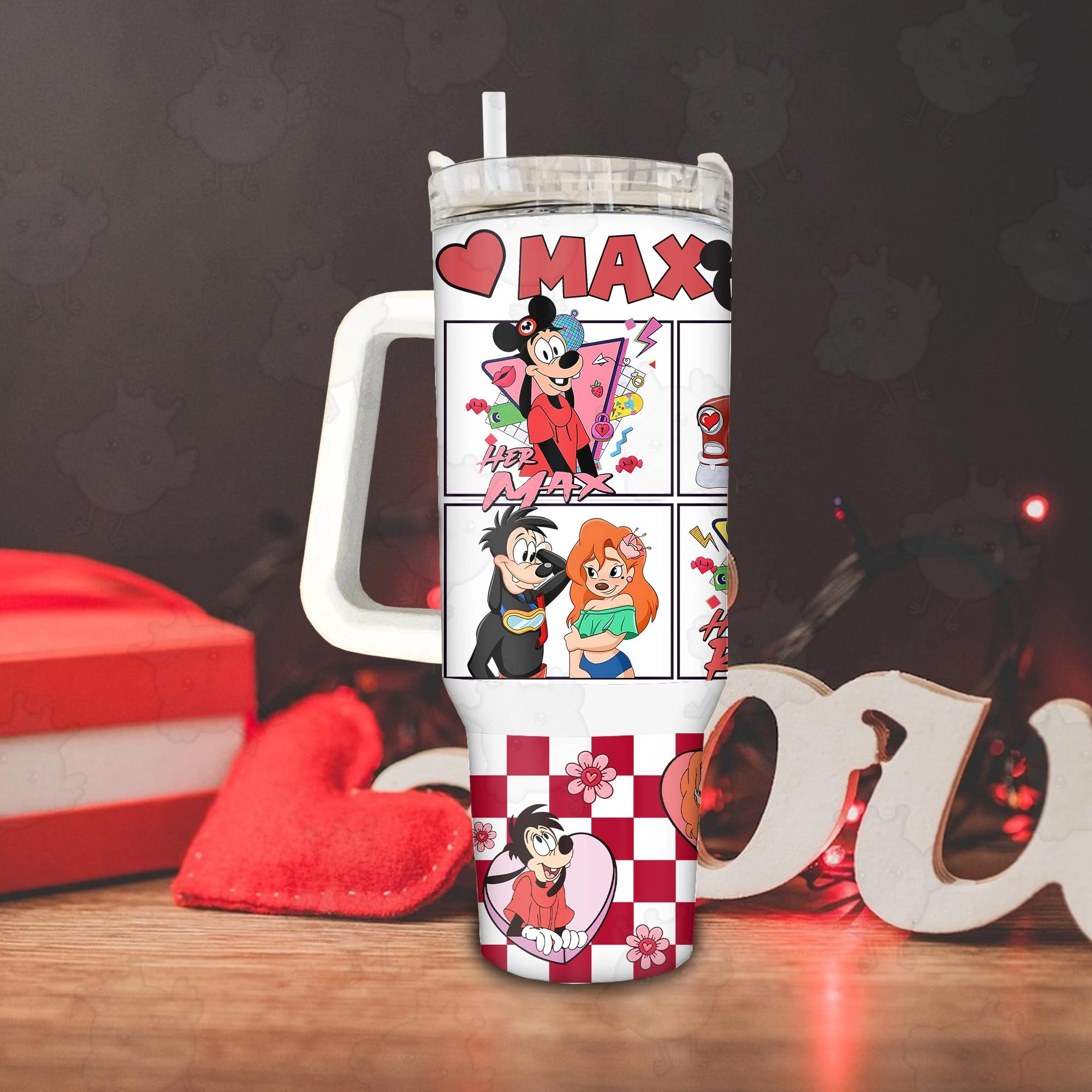 Valentine Couple Max and Roxanne Love Story 30oz or 40oz Tumbler, Pink Valentine 40oz Quencher Tumbler with Handle, Valentine Movies Goofy Fan Gift HFN