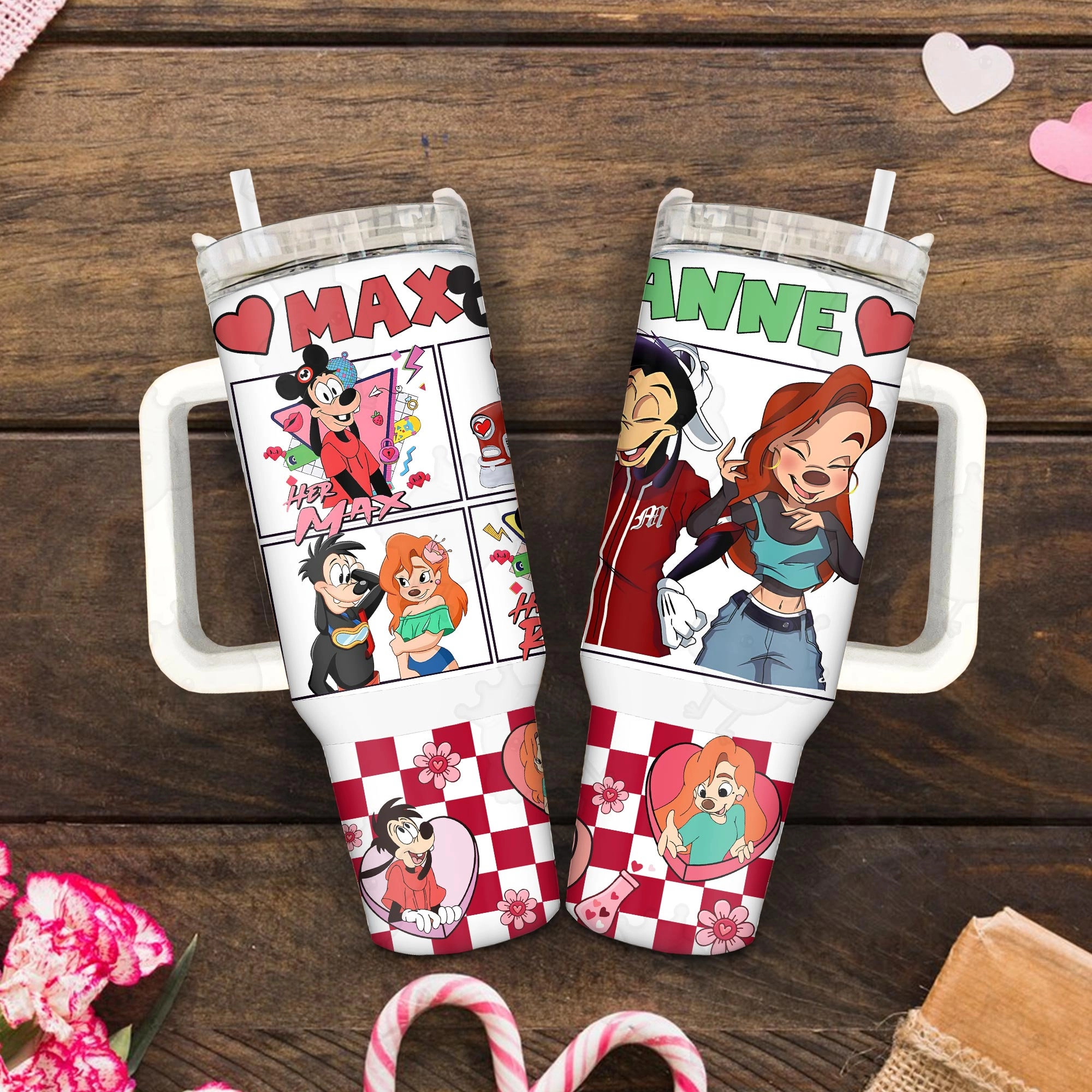 Valentine Couple Max and Roxanne Love Story 30oz or 40oz Tumbler, Pink Valentine 40oz Quencher Tumbler with Handle, Valentine Movies Goofy Fan Gift HFN