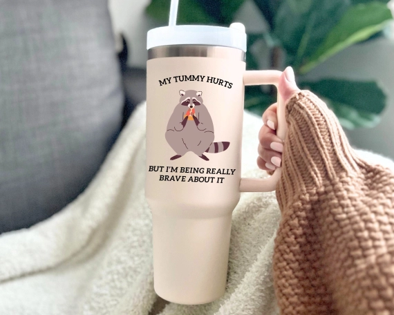 Raccoon tumbler, raccoon meme gift, my tummy hurts merch, 30oz or 40oz travel mug for him, viral raccoon gift for her, Coffee tumbler HFN