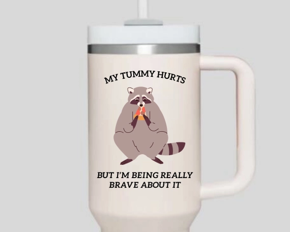 Raccoon tumbler, raccoon meme gift, my tummy hurts merch, 30oz or 40oz travel mug for him, viral raccoon gift for her, Coffee tumbler HFN