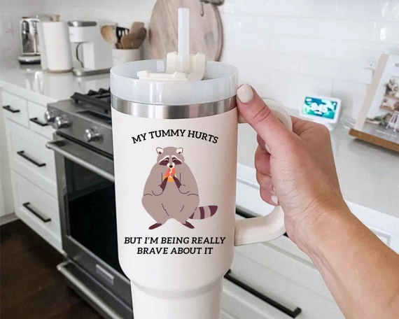 Raccoon tumbler, raccoon meme gift, my tummy hurts merch, 30oz or 40oz travel mug for him, viral raccoon gift for her, Coffee tumbler HFN