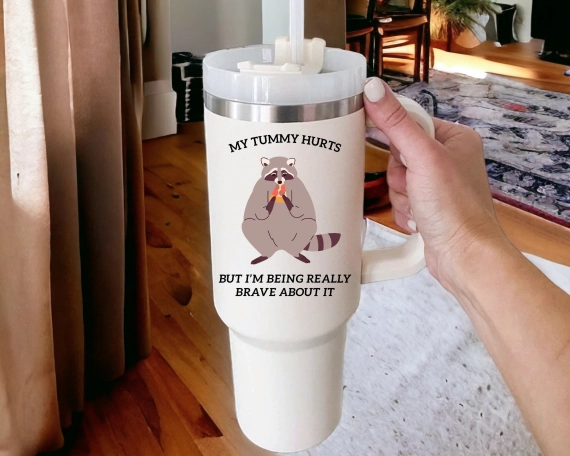 Raccoon tumbler, raccoon meme gift, my tummy hurts merch, 30oz or 40oz travel mug for him, viral raccoon gift for her, Coffee tumbler HFN