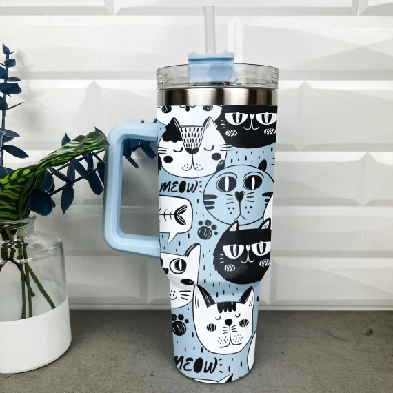 Meow Cat Tumbler 30oz or 40oz With Handle, Cat Pattern 40oz Tumbler, Cat Mom, Cat Lover Tumbler 30oz or 40oz, Stainless Steel Tumbler, Insulated Tumbler HFN