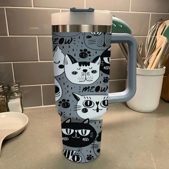Meow Cat Tumbler 30oz or 40oz With Handle, Cat Pattern 40oz Tumbler, Cat Mom, Cat Lover Tumbler 30oz or 40oz, Stainless Steel Tumbler, Insulated Tumbler HFN