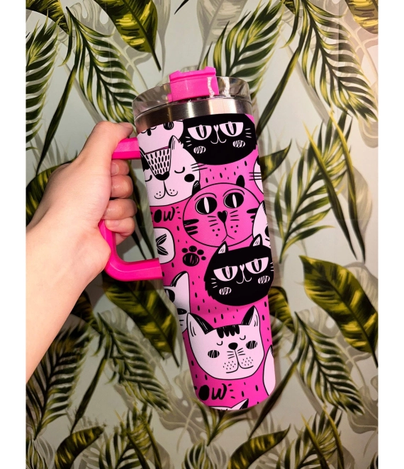 Meow Cat Tumbler 30oz or 40oz With Handle, Cat Pattern 40oz Tumbler, Cat Mom, Cat Lover Tumbler 30oz or 40oz, Stainless Steel Tumbler, Insulated Tumbler HFN