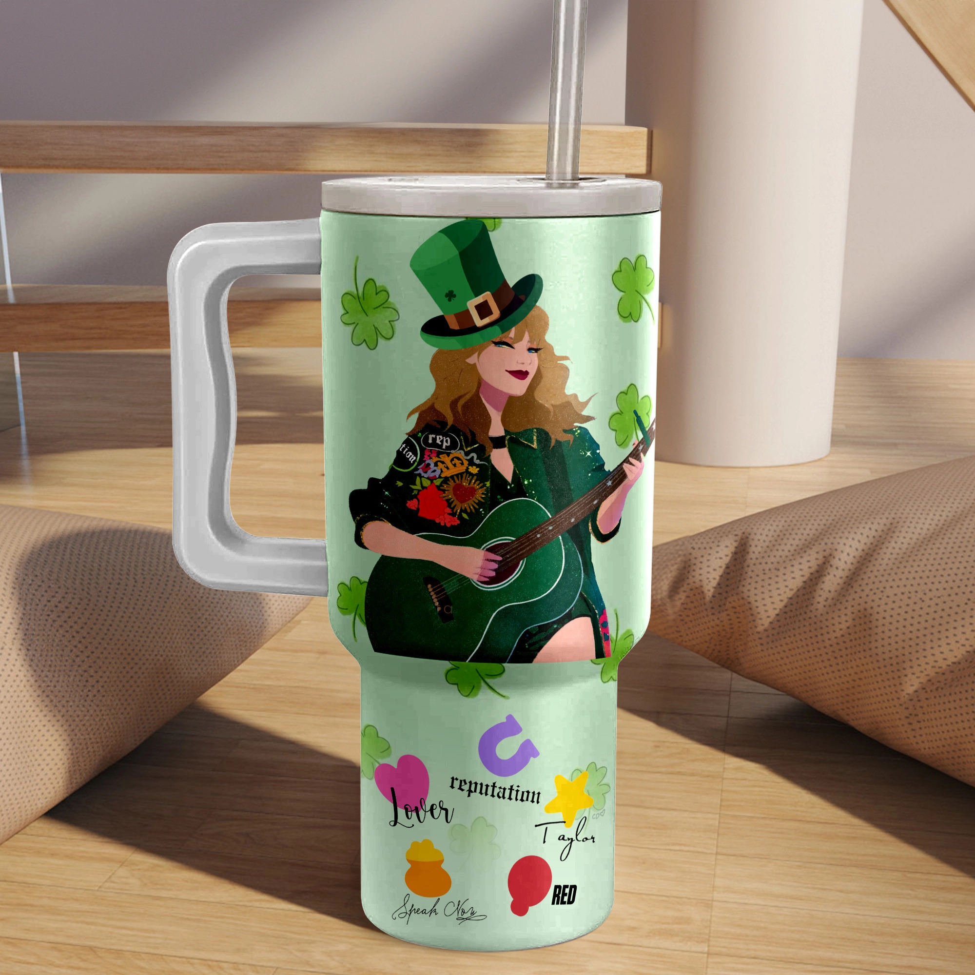 Taylor Swift St. Patrick’s Day Music Custom Stanley Quencher 40oz Stainless Steel Tumbler HG With Handle